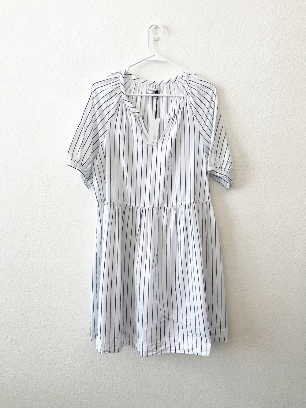NWT Michael‎ Stars Navy Stripe Babydoll Peasant Dress Large Cotton